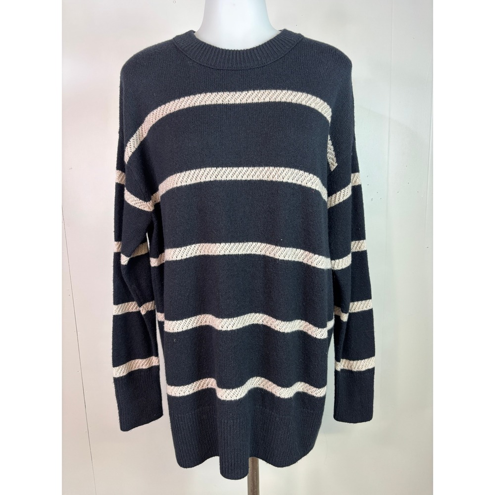 Aerie Sweater XS Black Cream Striped Oversized Crew Neck Long Sleeve Casual